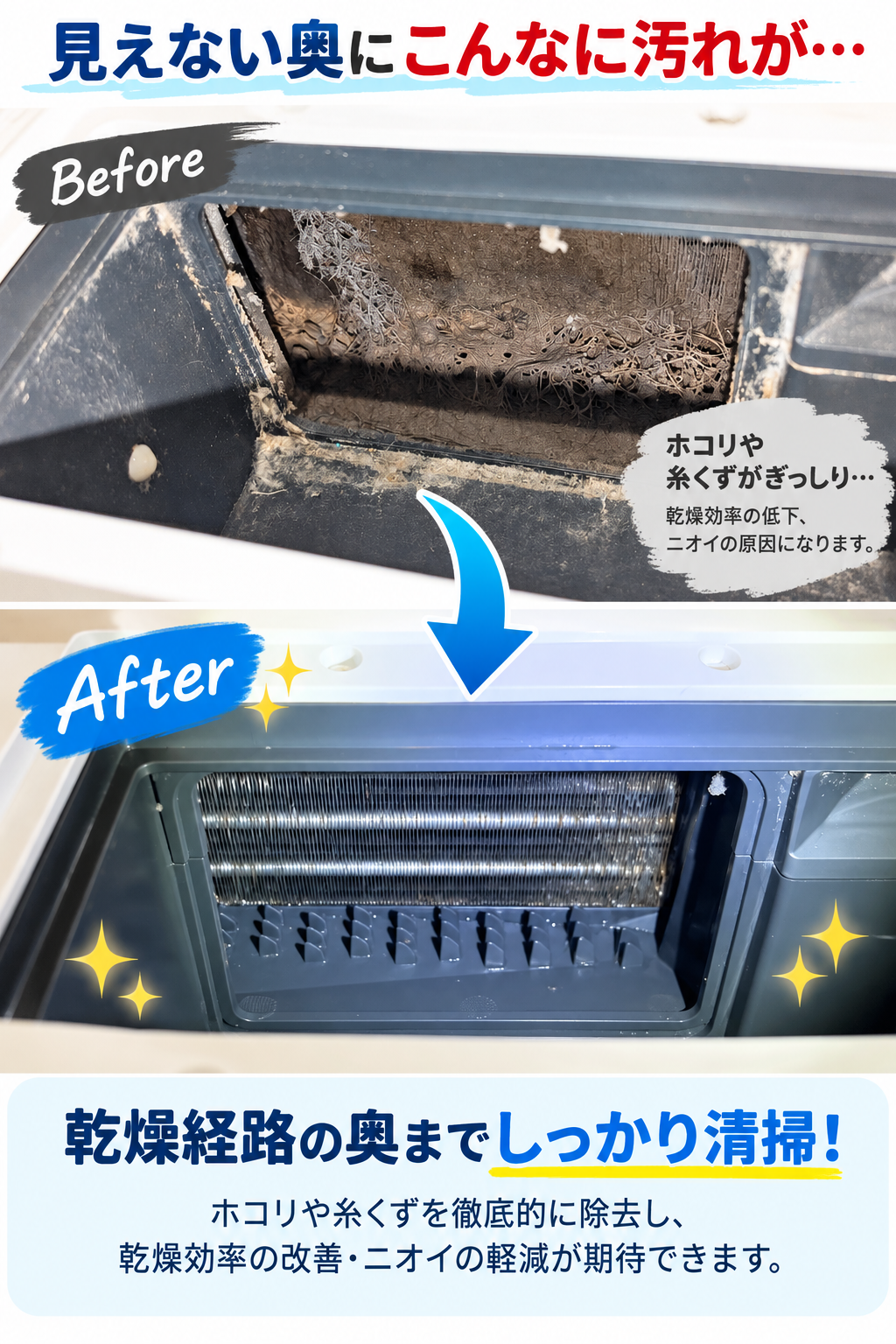 洗濯乾燥経路の清掃ビフォーアフター